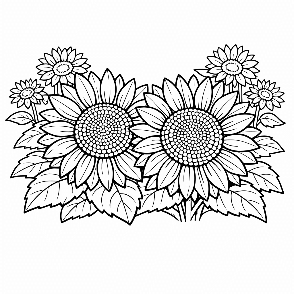 Free printable coloring page: Sunflower Field, for ages 3-6