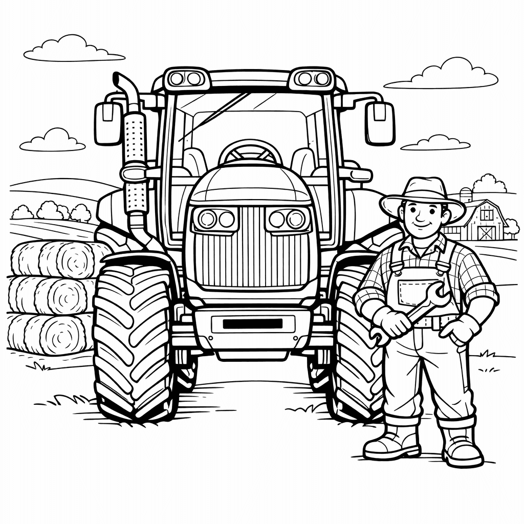Free printable coloring page: Tractor And Farmer, for ages 7-12
