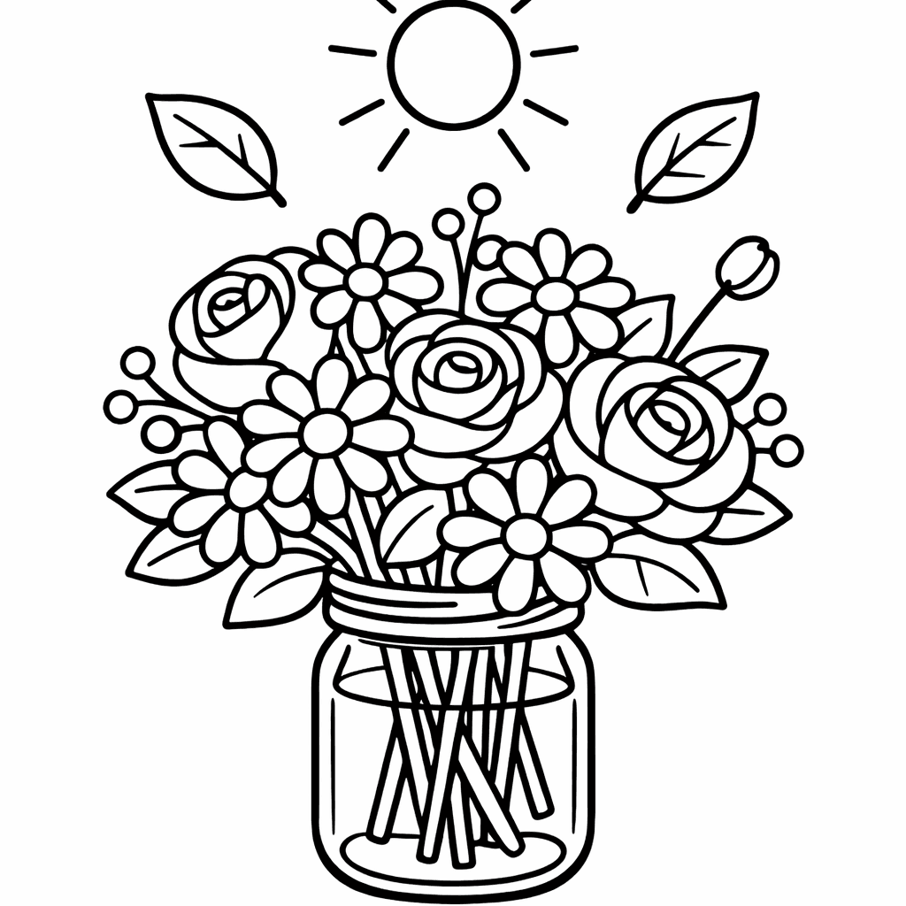 Free printable coloring page: A Hand-tied Wildflower Bouquet Lying On A Rustic…, for ages 3-6