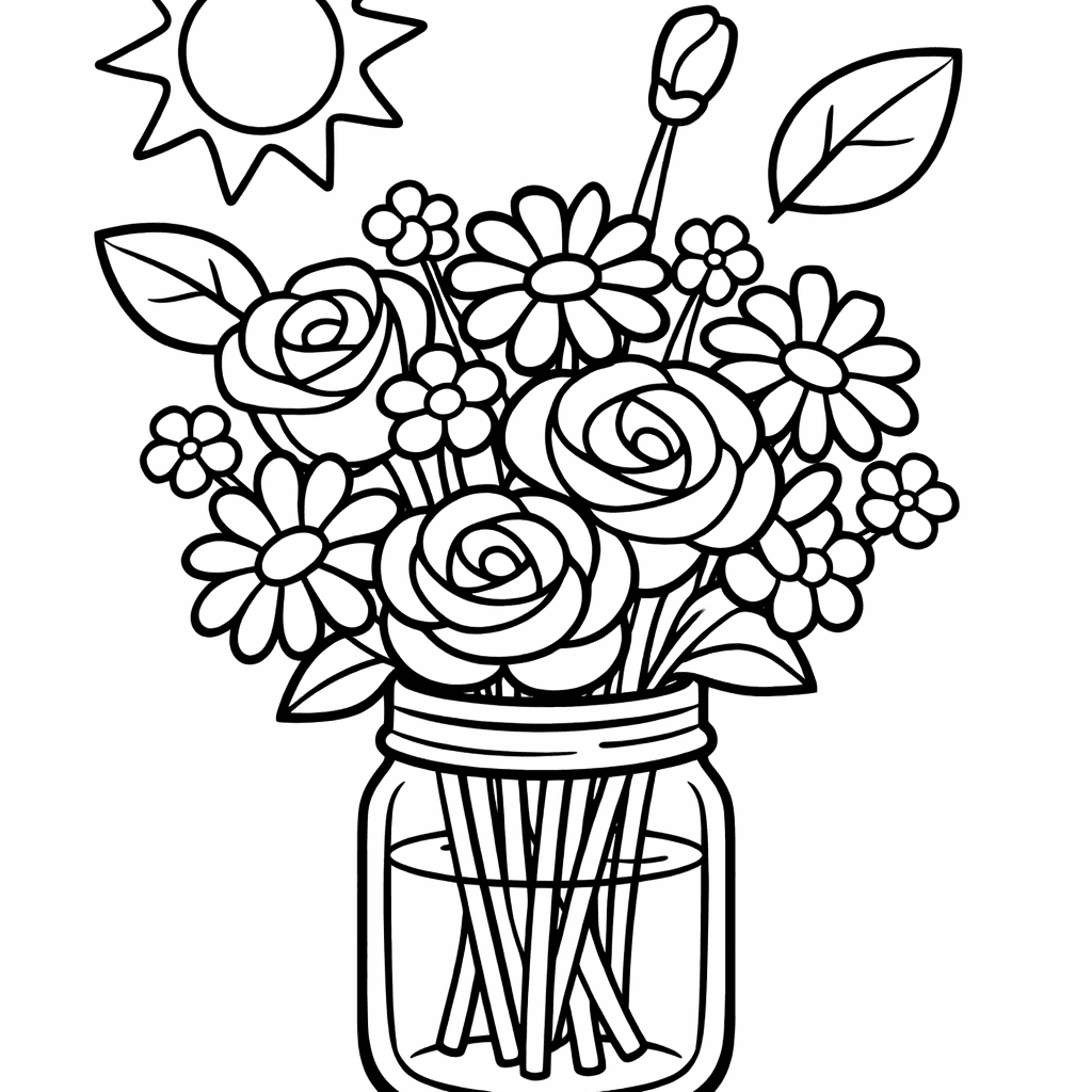 Free printable coloring page: A Large Mixed Flower Bouquet In A Mason…, for ages 3-6
