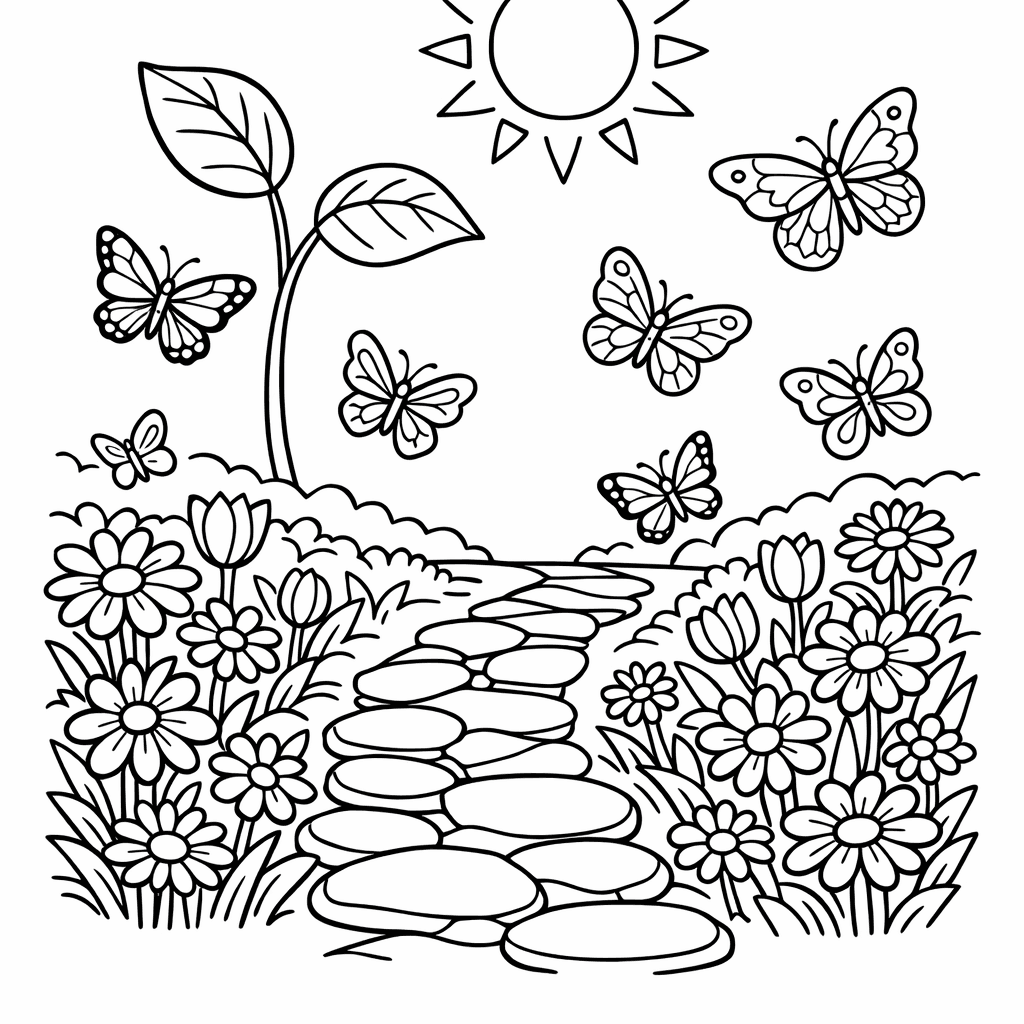 Free printable coloring page: A Whimsical Garden Scene With A Giant Butterfly…, for ages 7-12