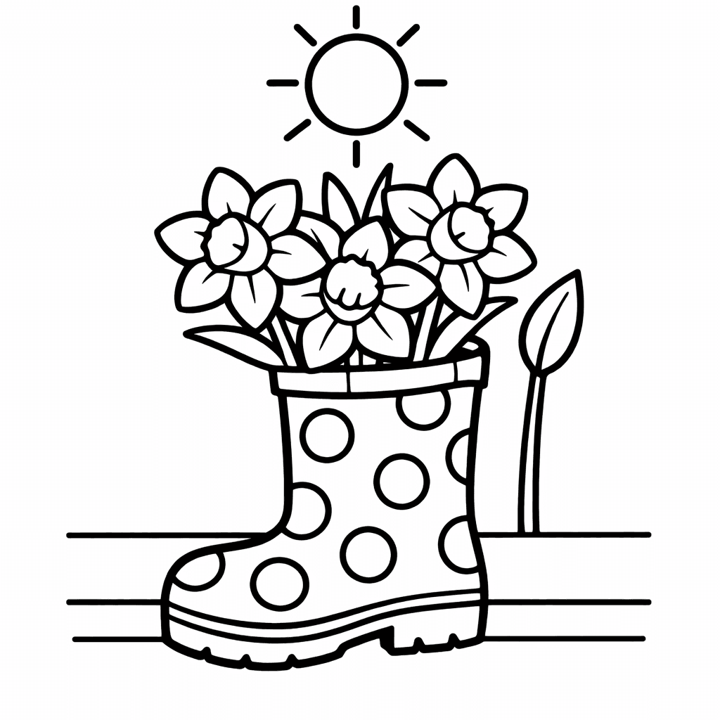 Free printable coloring page: Daffodils In A Polka-dot Rain Boot Used As…, for ages 3-6