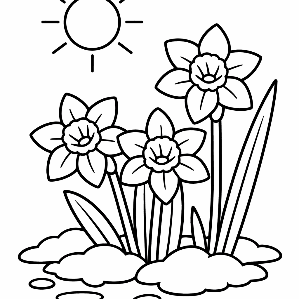 Free printable coloring page: A Field Of Daffodils With A Bunny Hopping…, for ages 3-6
