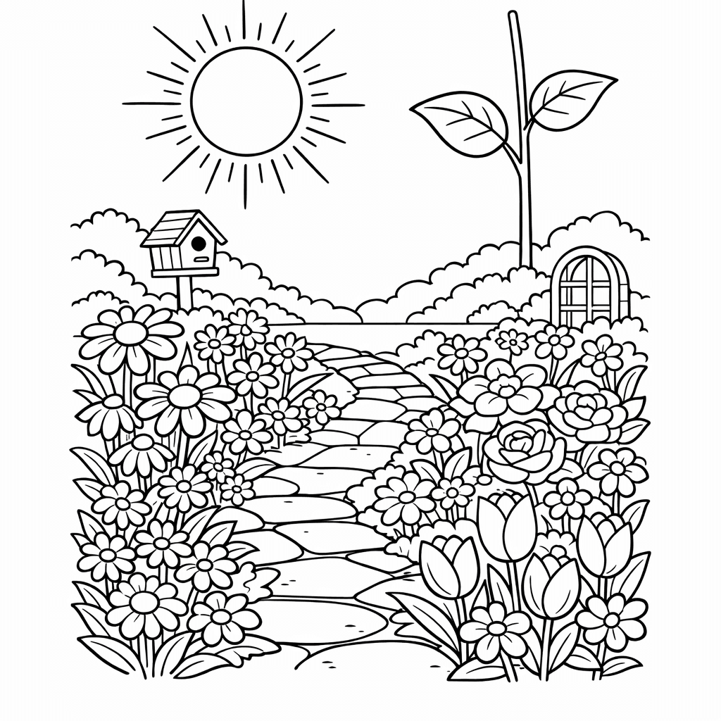 Free printable coloring page: A Fairy Sitting In A Tiny Flower Garden…, for ages 7-12
