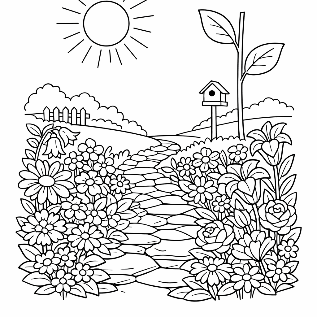 Free printable coloring page: A Young Girl Kneels In A Whimsical Flower…, for ages 7-12