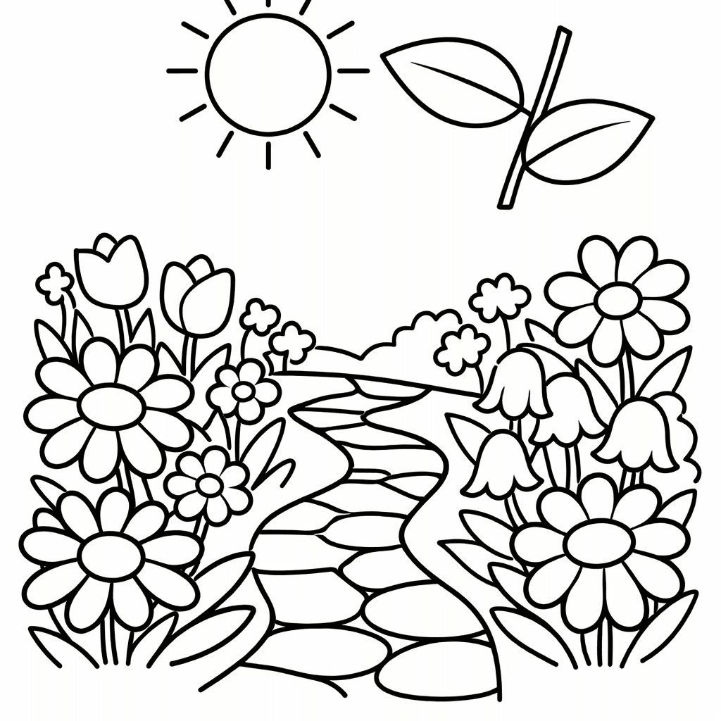 Free printable coloring page: A Cheerful Bunny Hops Through A Vibrant Flower…, for ages 3-6