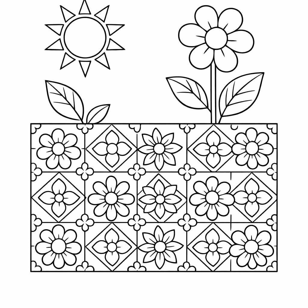 Free printable coloring page: A Square Tile Pattern With Repeating Flower Motifs…, for ages 7-12