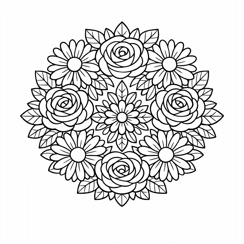 Free printable coloring page: A Circular Mandala Made Entirely Of Different Flower…, for ages 7-12