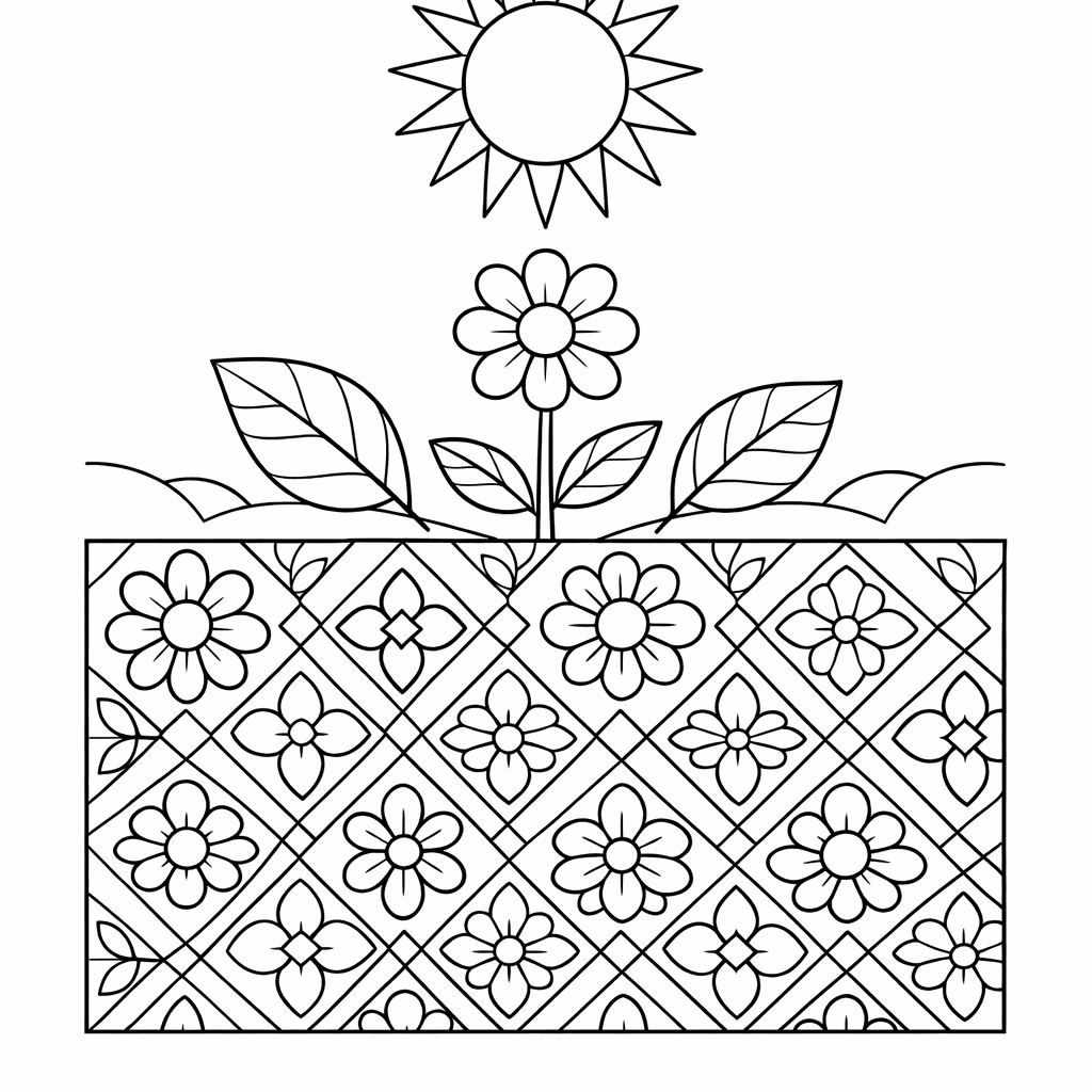 Free printable coloring page: A Whimsical Garden Scene With A Giant Flower…, for ages 7-12
