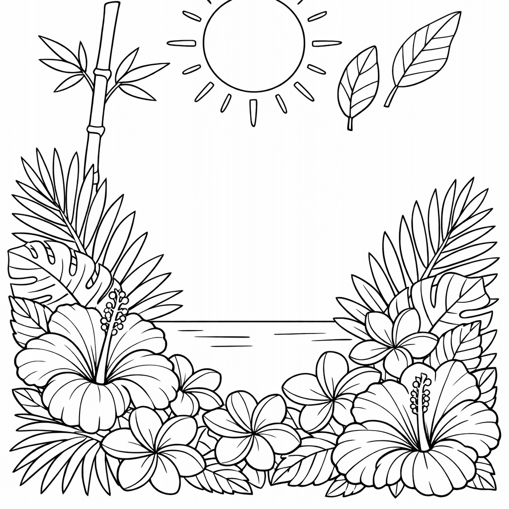Free printable coloring page: A Tropical Scene With Hibiscus, Plumeria, And Palm…, for ages 7-12