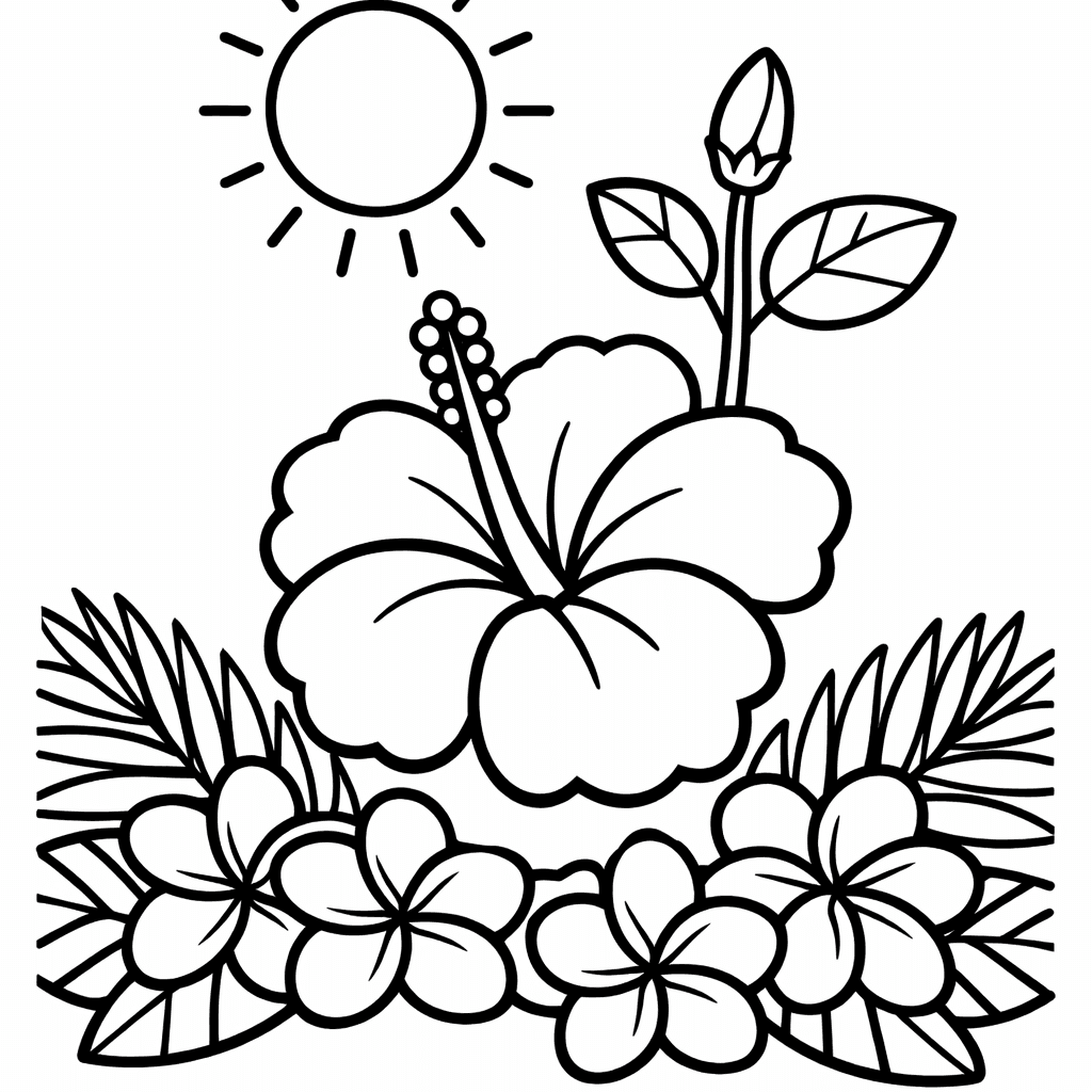 Free printable coloring page: Hibiscus Flowers On A Vine Climbing Up A…, for ages 3-6