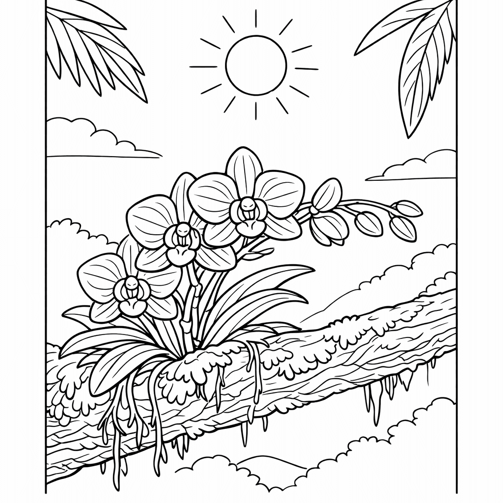 Free printable coloring page: A Playful Orchid With Vibrant Petals Swaying In…, for ages 7-12