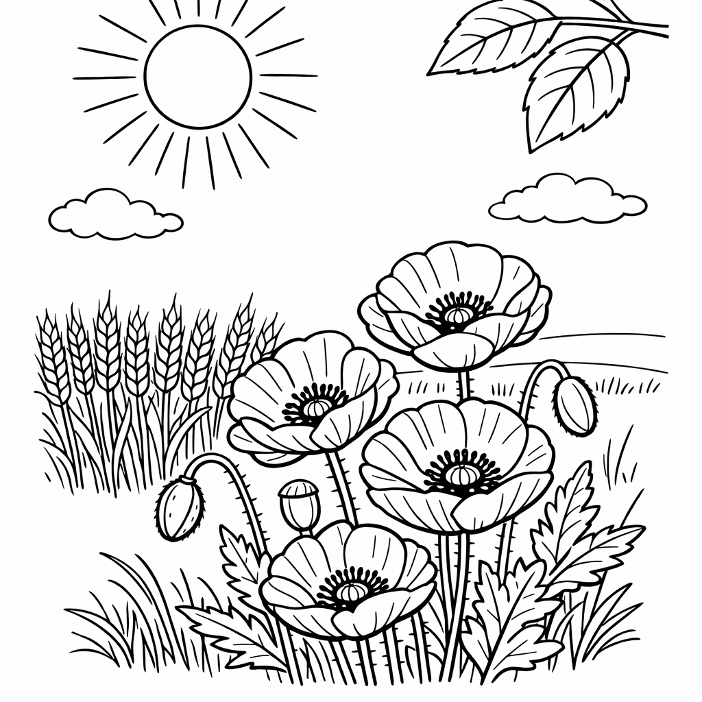 Free printable coloring page: A Whimsical Poppy Wearing A Sun Hat Floats…, for ages 7-12