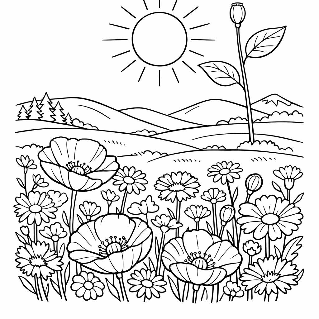 Free printable coloring page: Wildflowers Growing Along A Rustic Wooden Fence In…, for ages 7-12