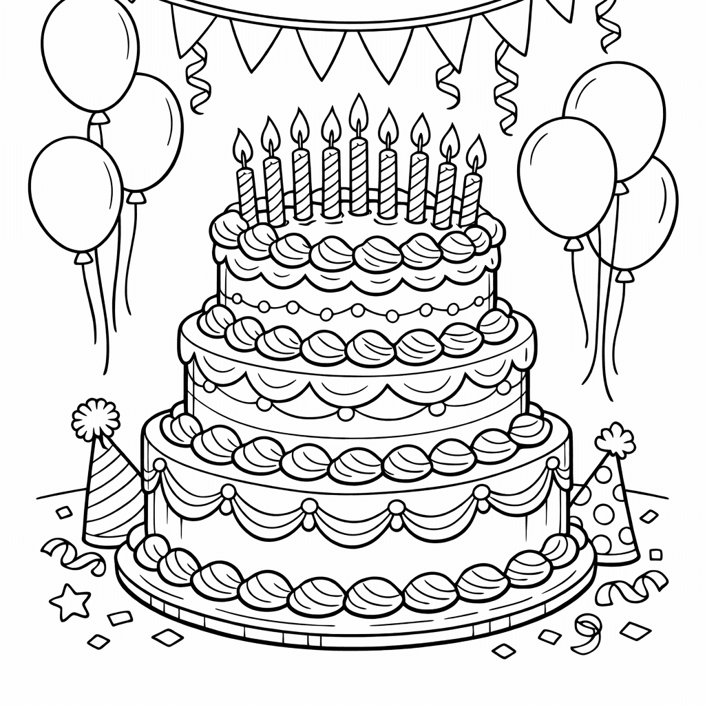 Free printable coloring page: Birthday Cake, for ages 7-12