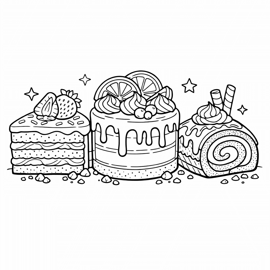 Free printable coloring page: Cake And Balloons, for ages 7-12
