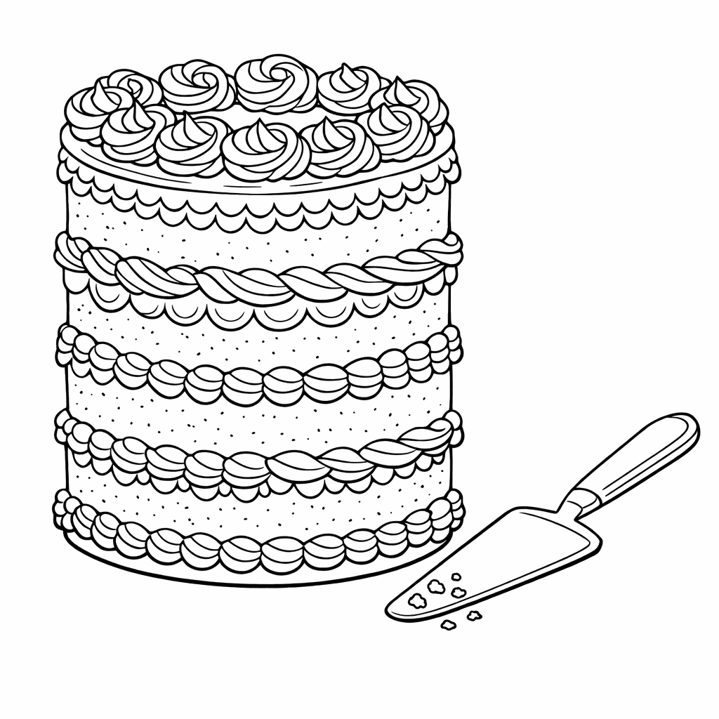 Free printable coloring page: Cake And Balloons, for ages 7-12