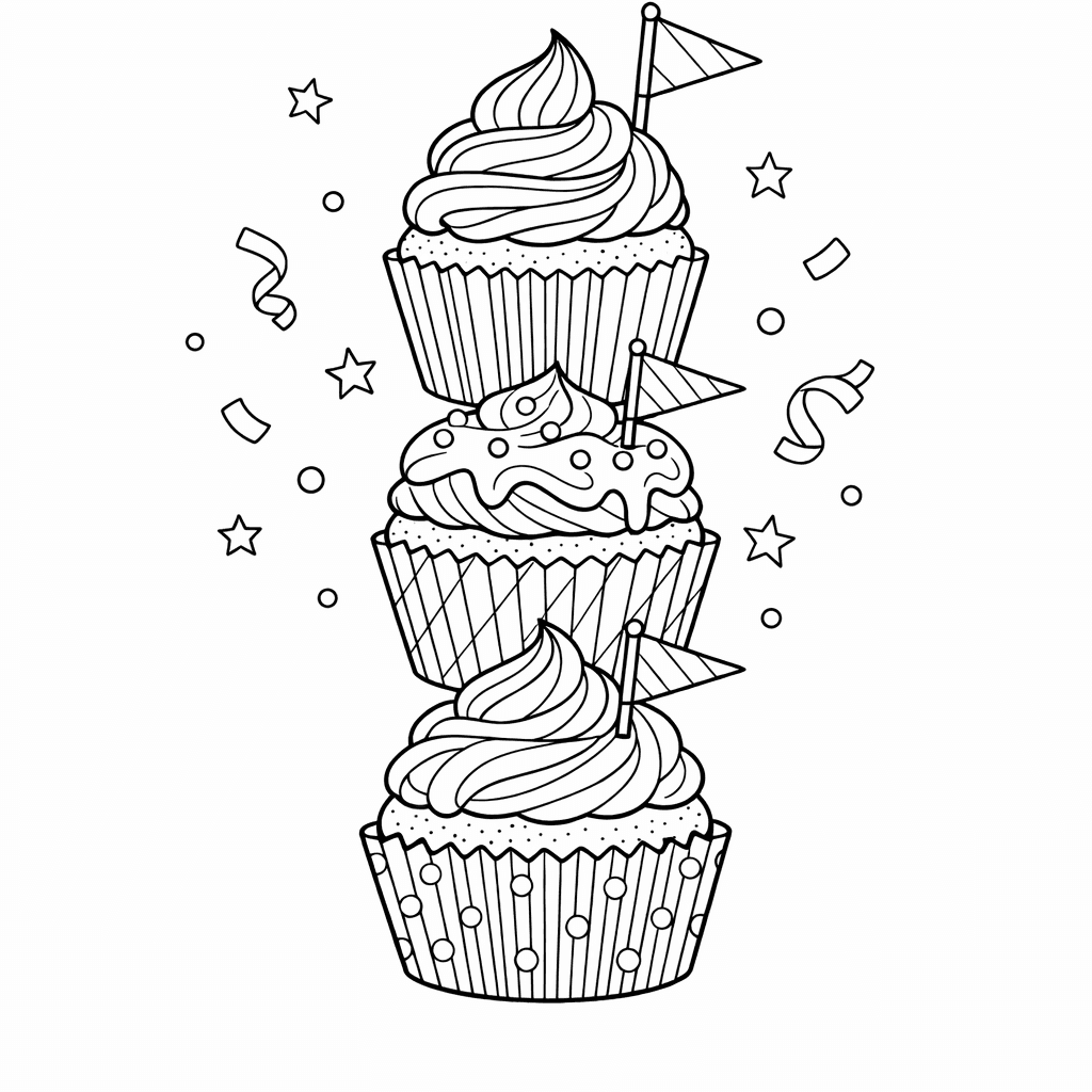 Free printable coloring page: Object Only: A Cute Cupcake With Clean Outlines,…, for ages 7-12