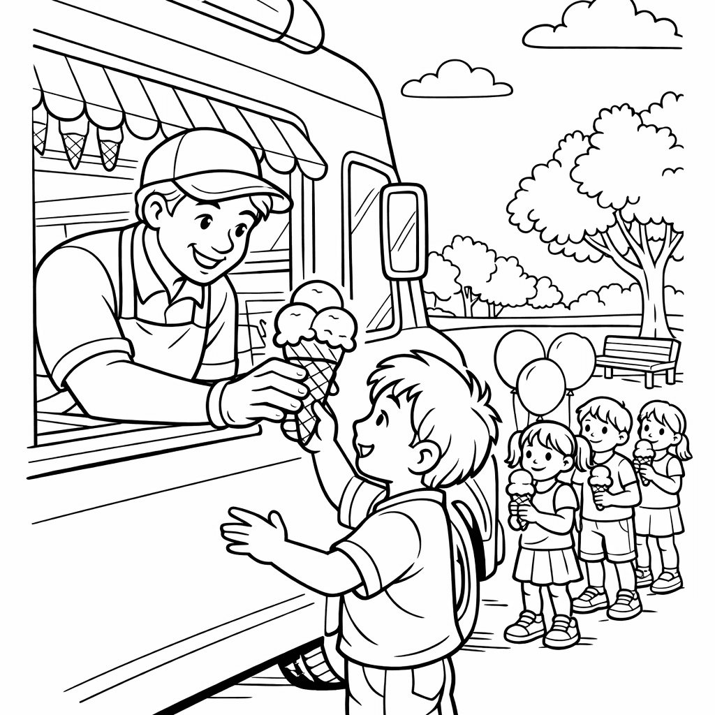 Free printable coloring page: Kids Building An Ice Cream-themed Sandcastle At The…, for ages 7-12
