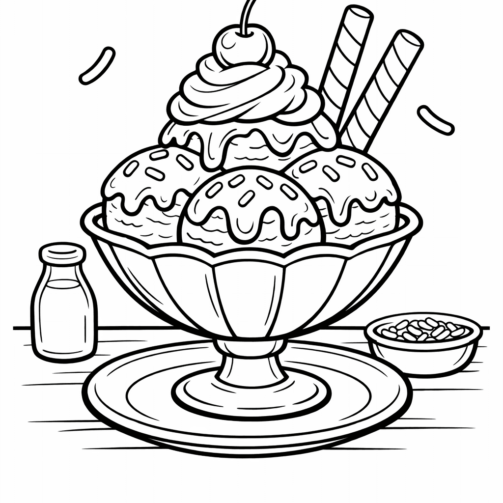 Free printable coloring page: A Giant Ice Cream Sundae With Candy People…, for ages 7-12