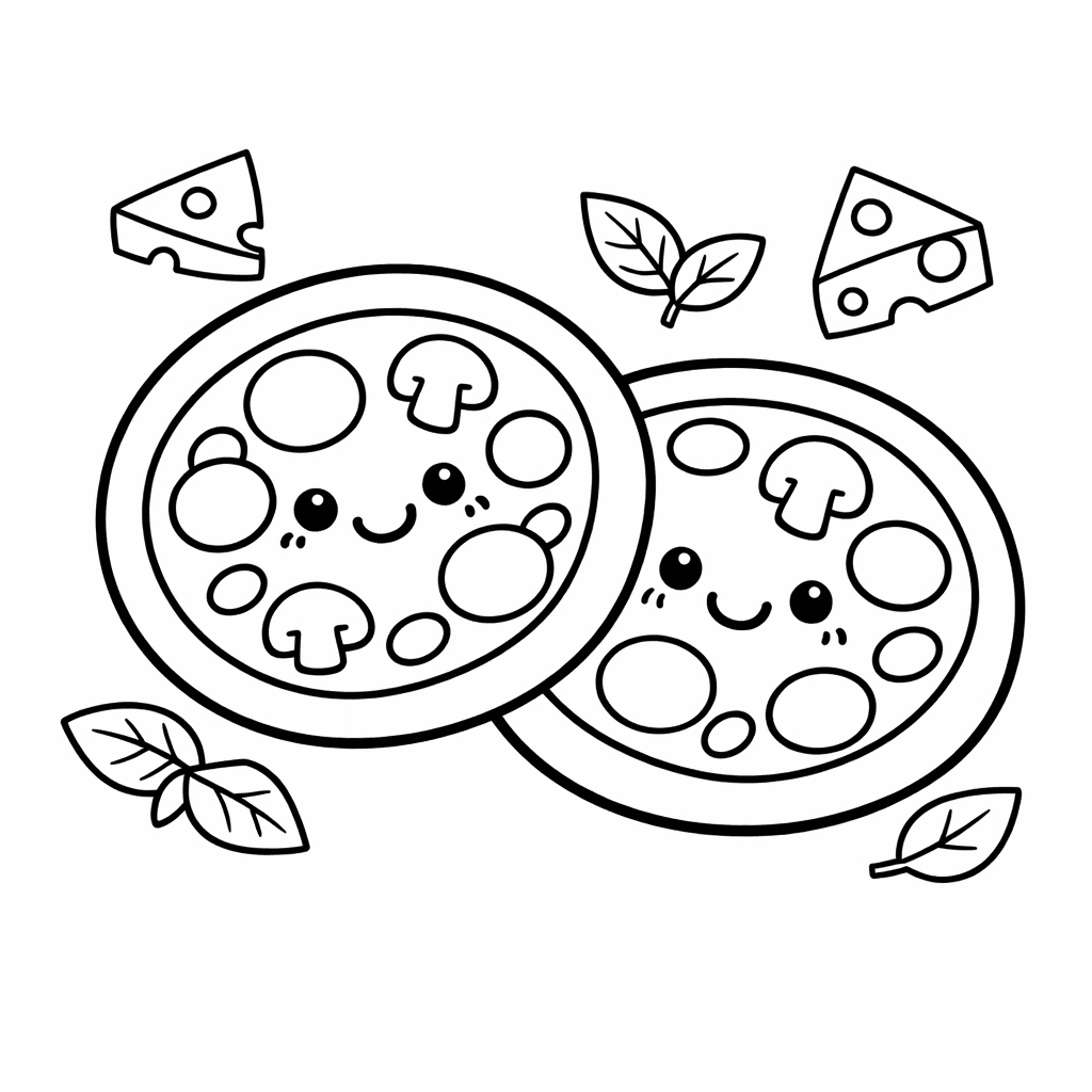 Free printable coloring page: A Pizza Party With Clowns Juggling Pizzas Under…, for ages 3-6