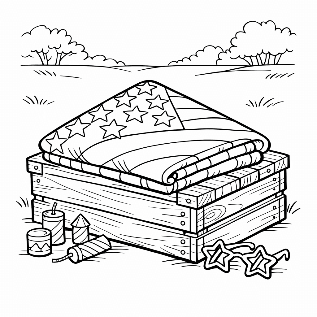 Free printable coloring page: Object Only: Two Or Three American Flags Side…, for ages 7-12