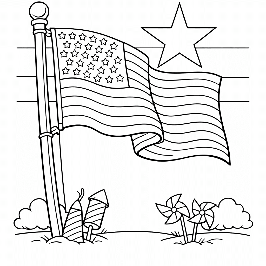 Free printable coloring page: American Flag Waving, for ages 7-12
