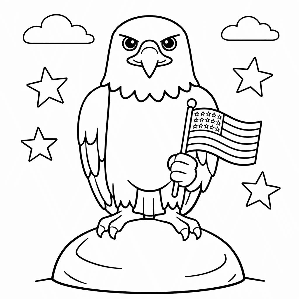 Free printable coloring page: Bald Eagle And Flag, for ages 3-6