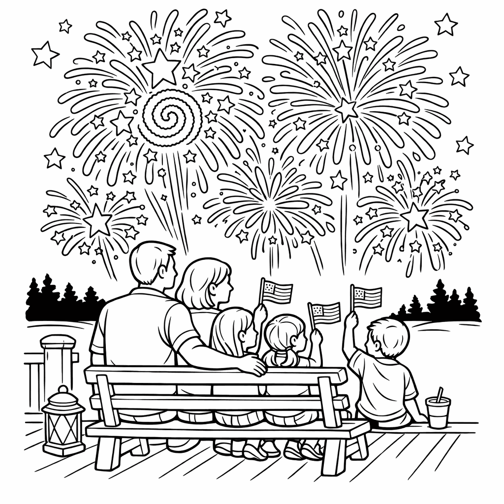 Free printable coloring page: Fireworks Outline, for ages 7-12