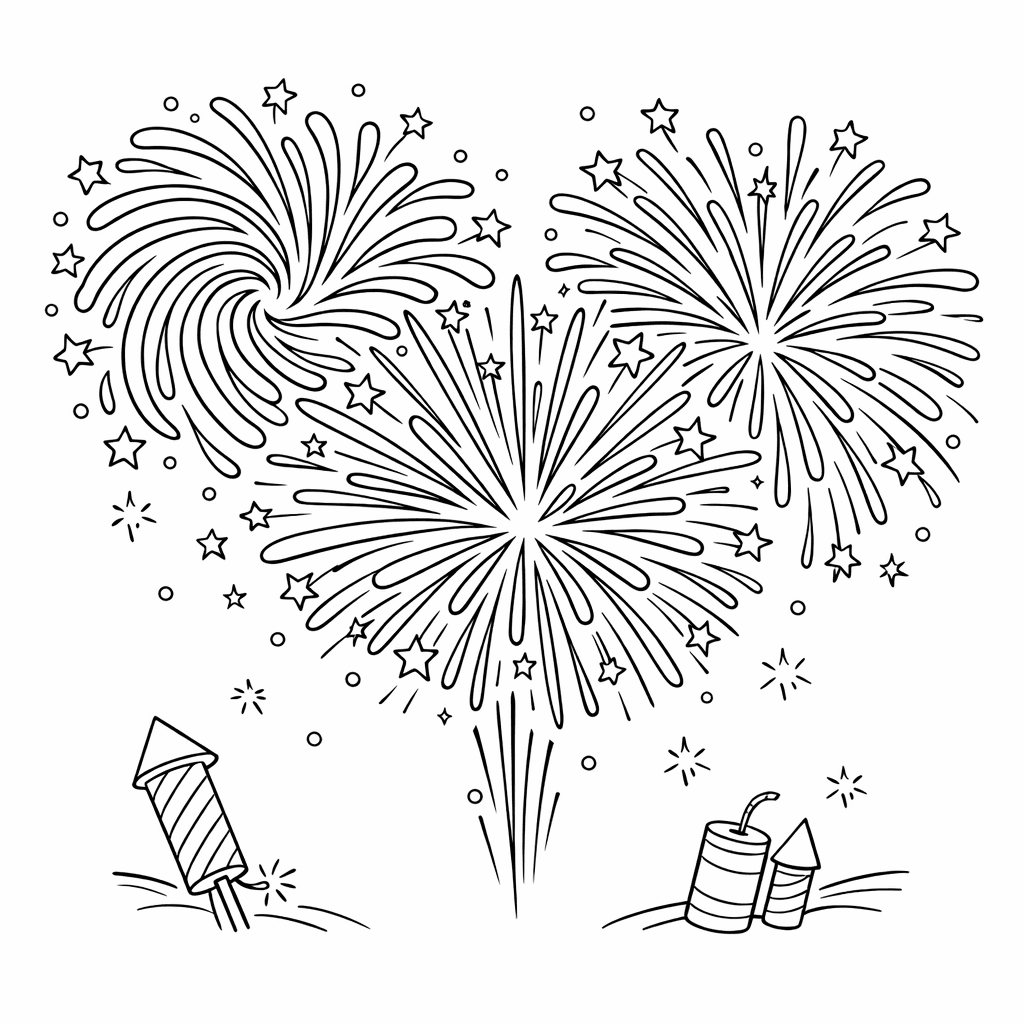 Free printable coloring page: Object Only: A Cute Fireworks With Clean Outlines,…, for ages 7-12