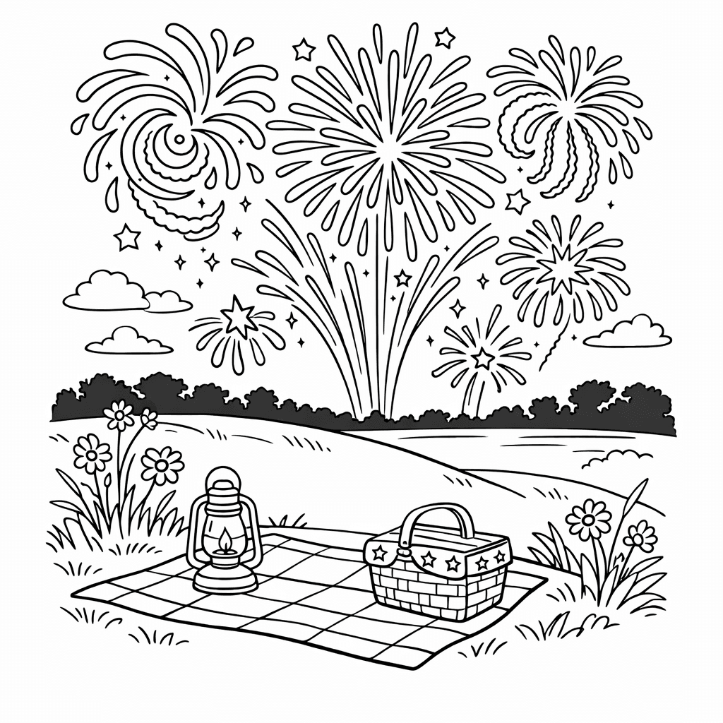 Free printable coloring page: Object Only: Two Or Three Fireworkss Side By…, for ages 7-12