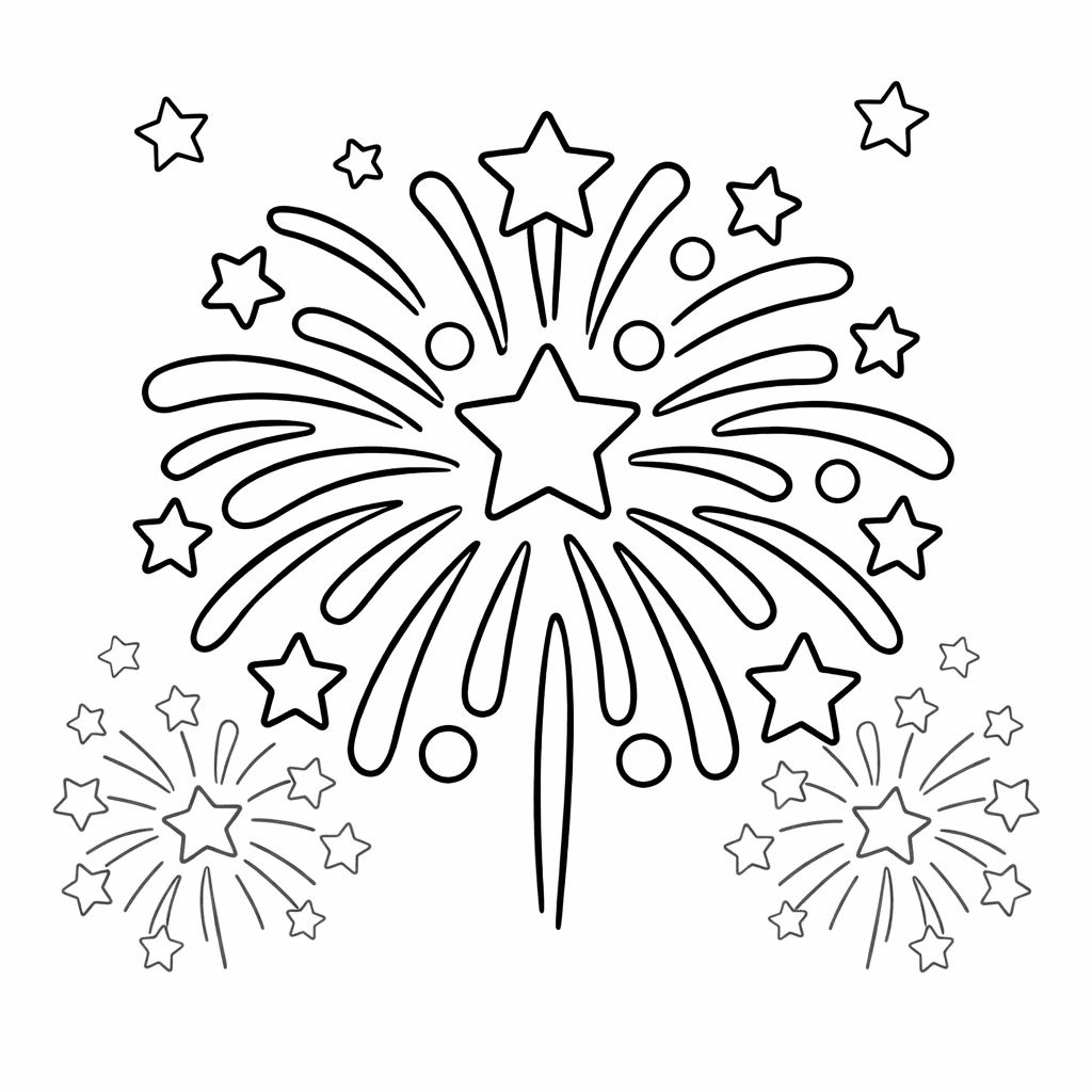 Free printable coloring page: Fireworks And Stars, for ages 3-6