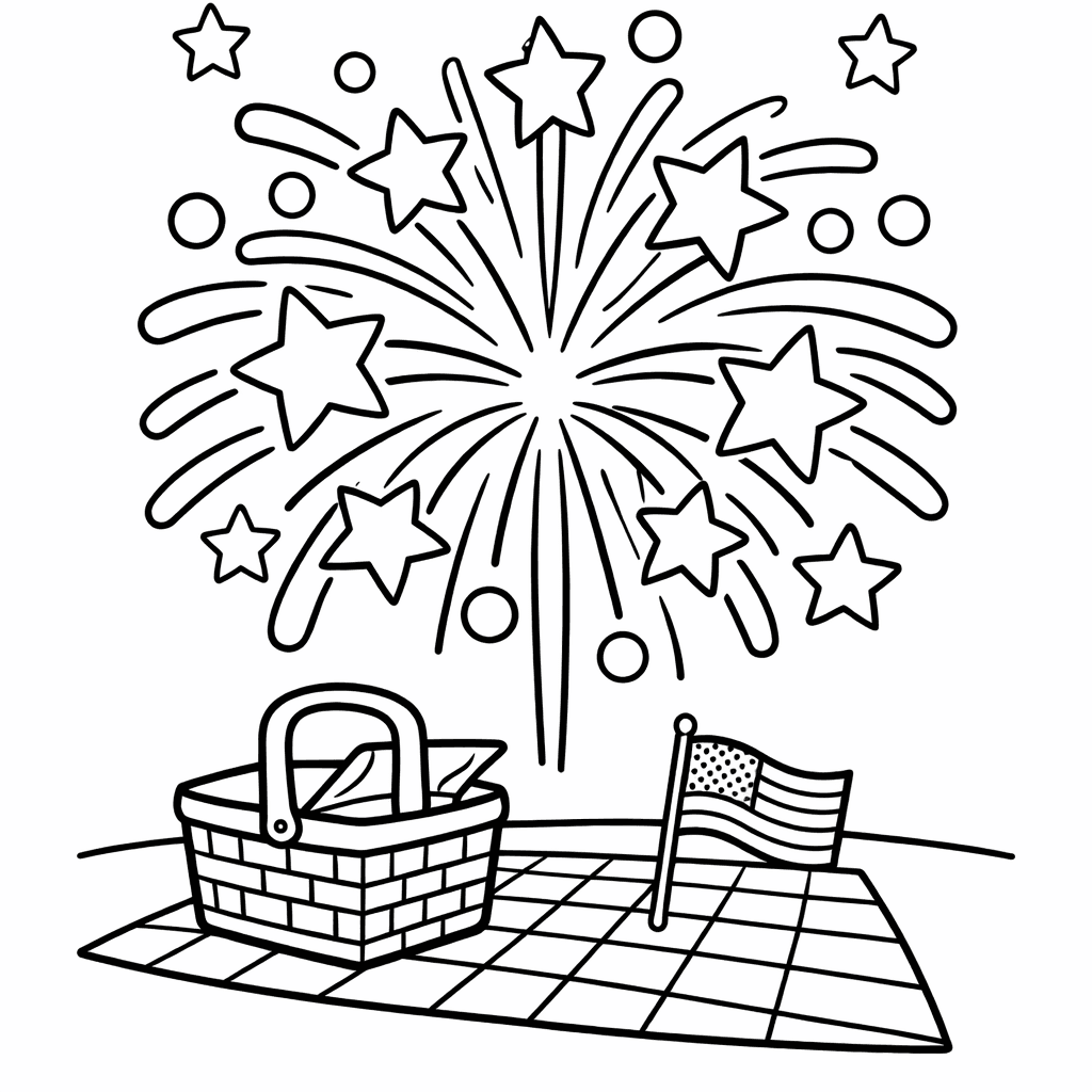 Free printable coloring page: Object Only: A Cute Fireworks With Clean Outlines,…, for ages 3-6