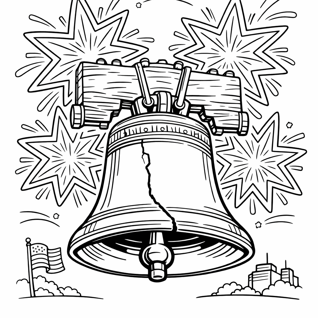 Free printable coloring page: Liberty Bell And Star, for ages 7-12