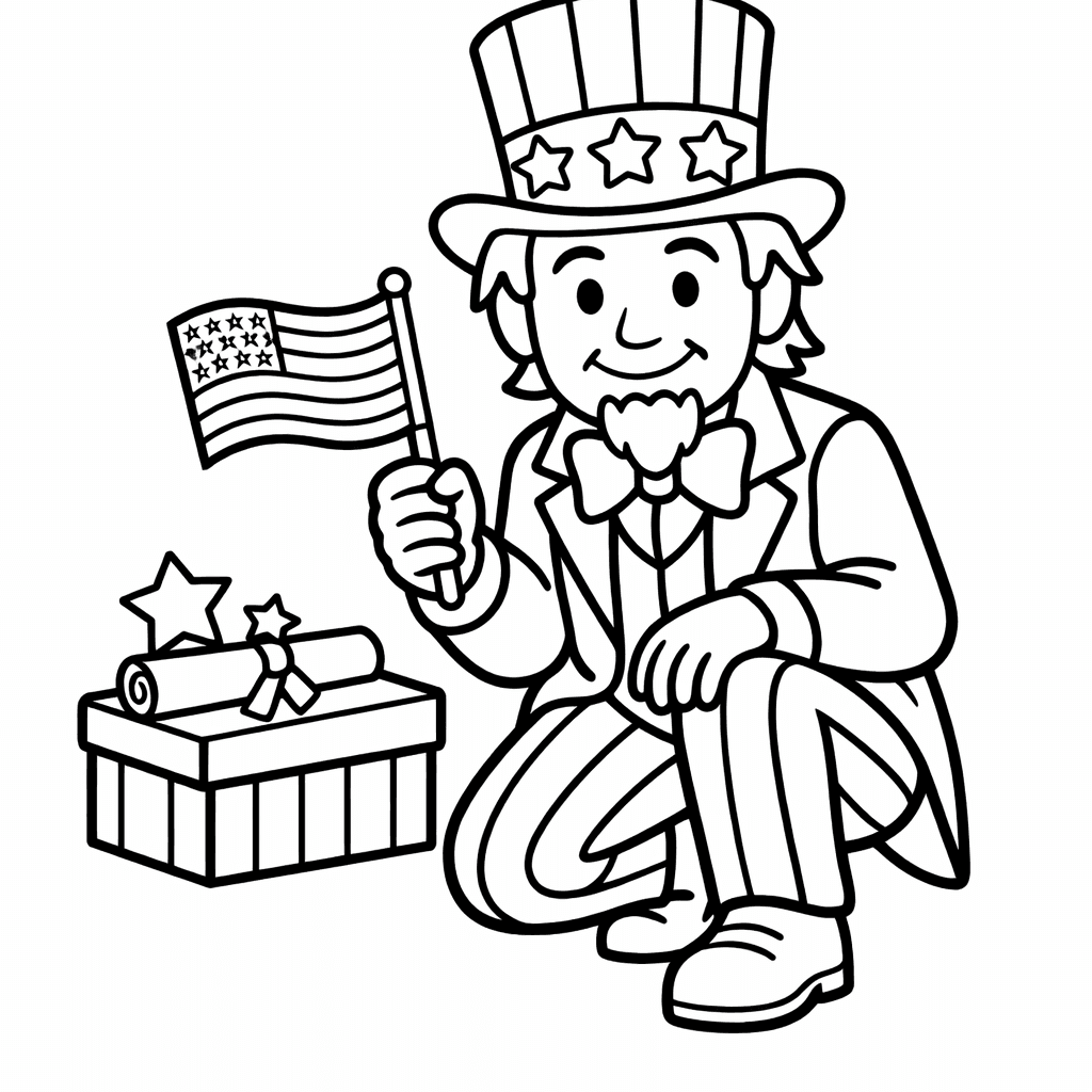 Free printable coloring page: Object Only: A Cute Uncle Sam With Clean…, for ages 3-6