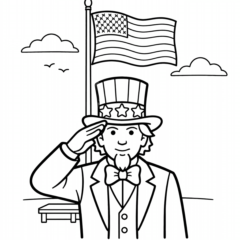 Free printable coloring page: Uncle Sam And Flag, for ages 3-6