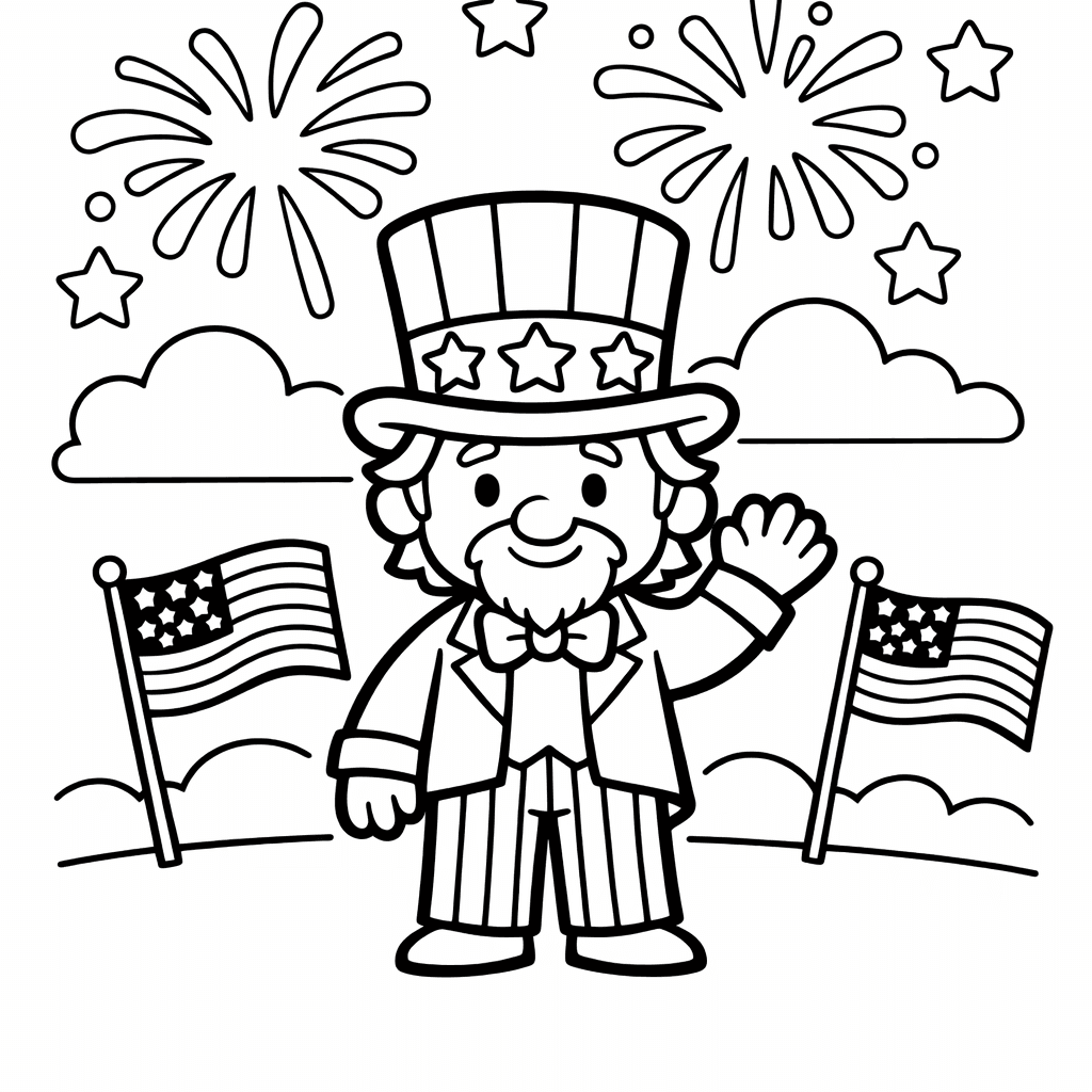 Free printable coloring page: Patriotic Uncle Sam, for ages 3-6