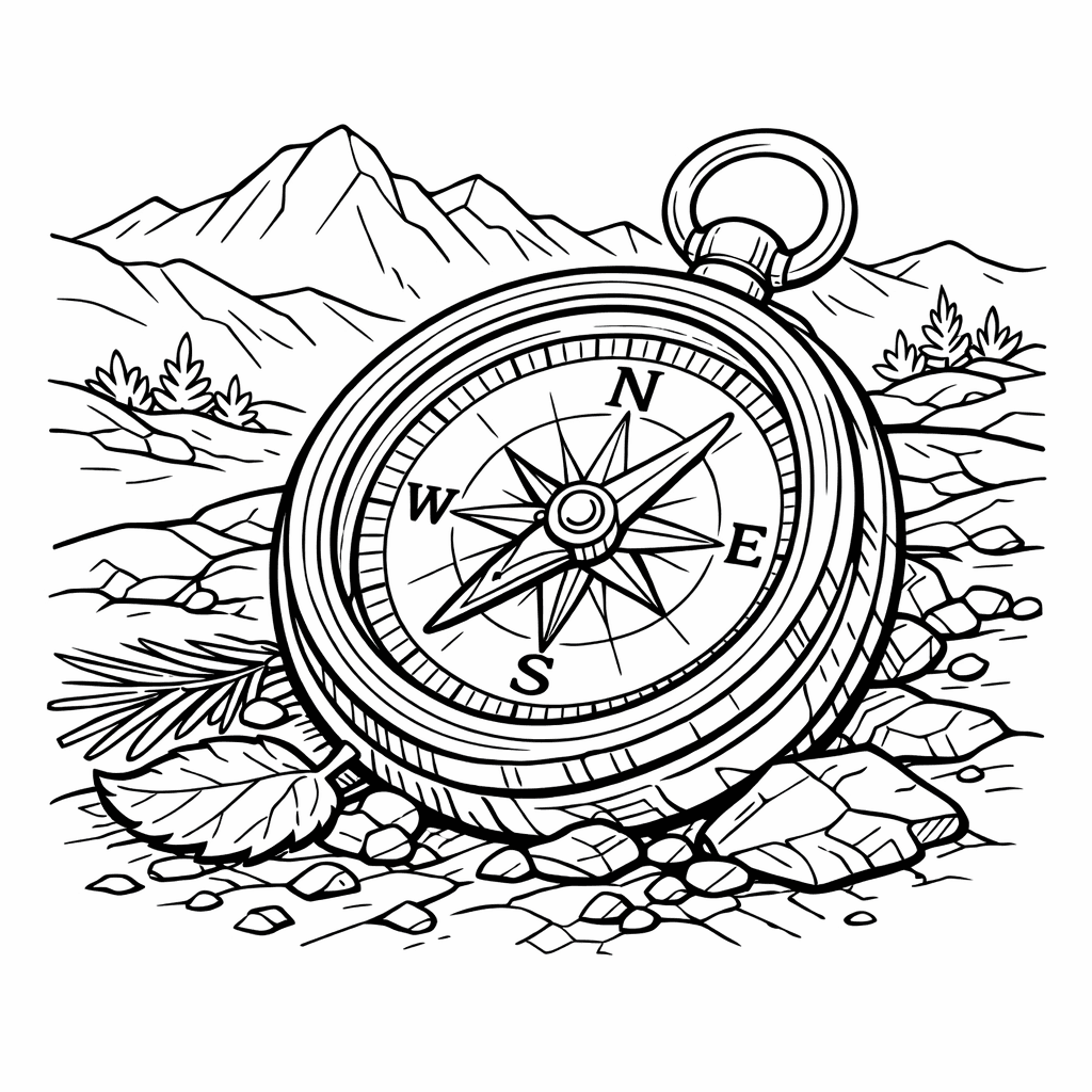 Free printable coloring page: Compass And Map, for ages 7-12