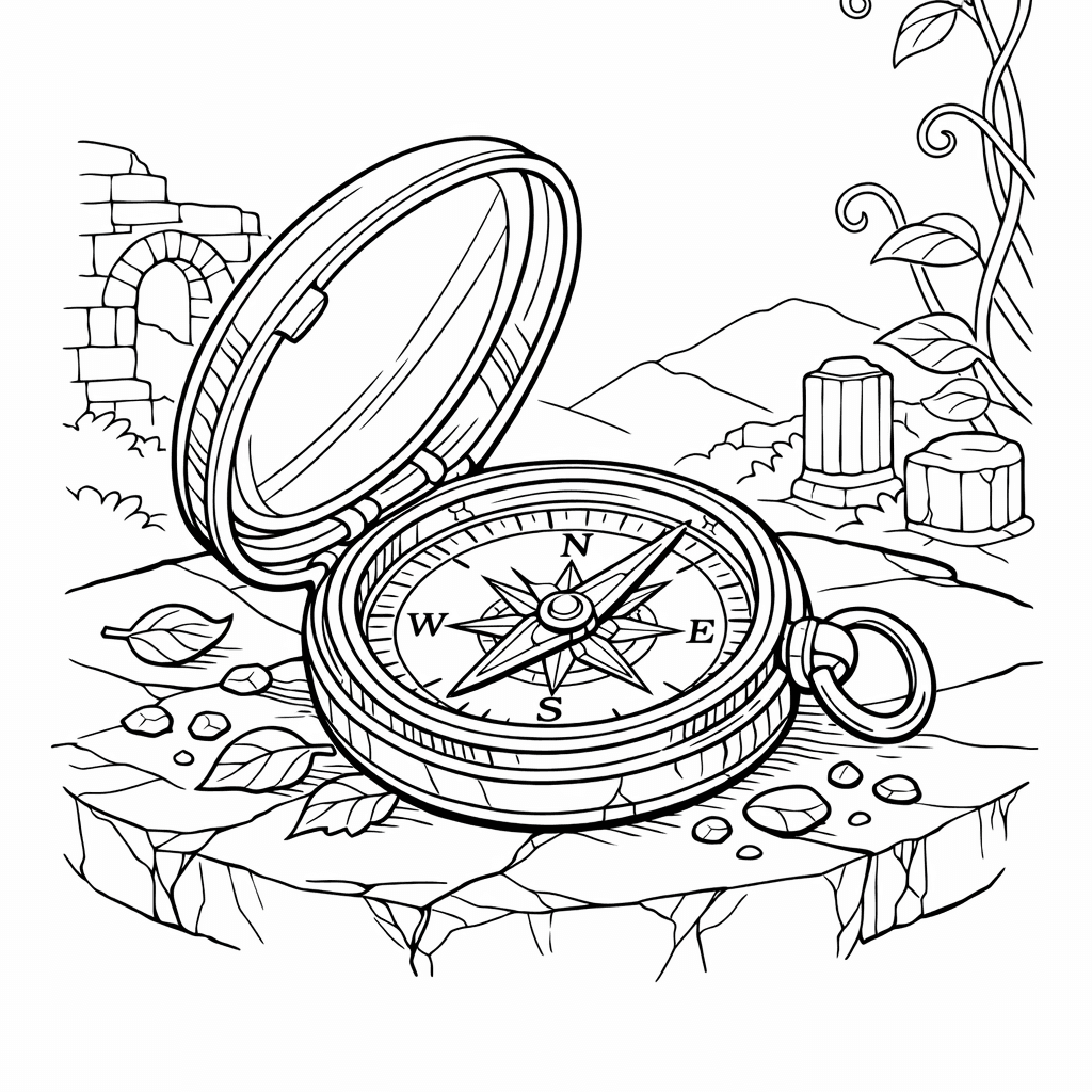 Free printable coloring page: Compass And Map, for ages 7-12