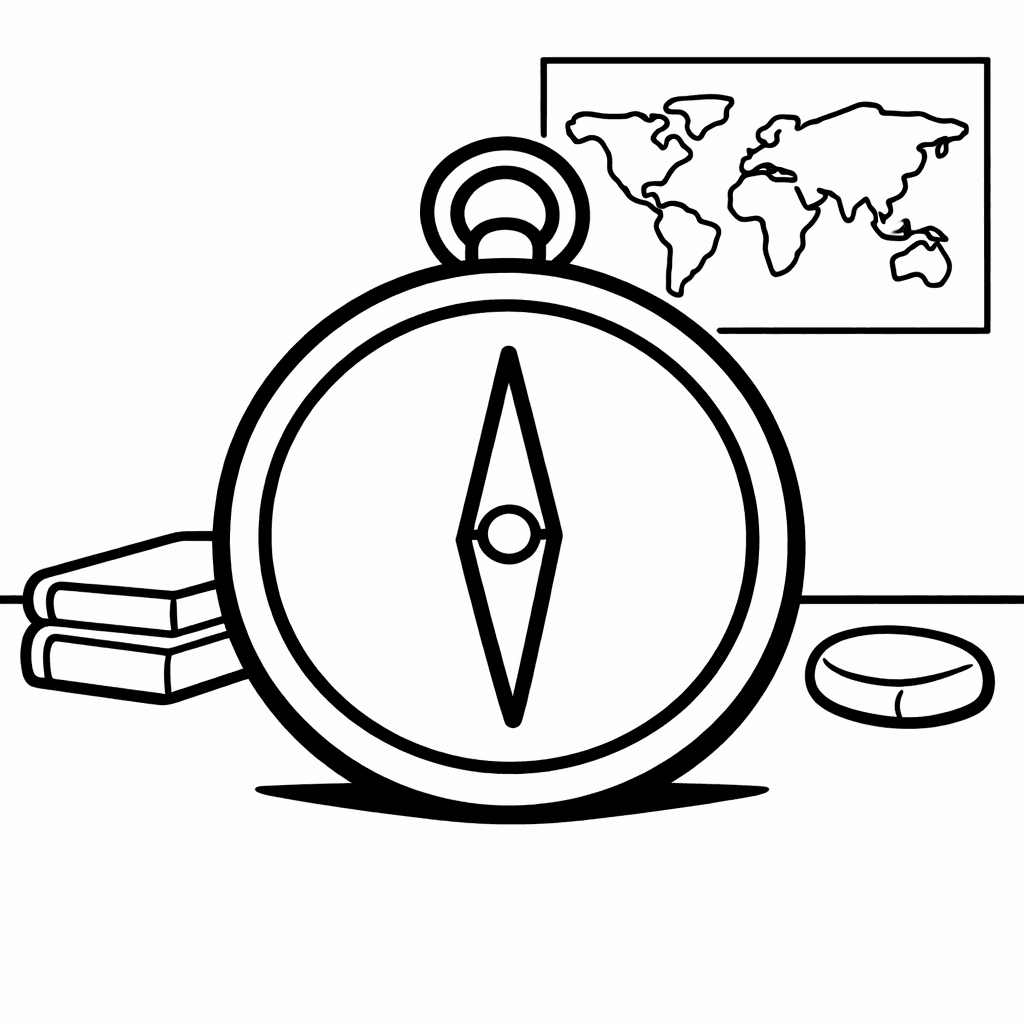 Free printable coloring page: Object Only: A Cute Compass With Clean Outlines,…, for ages 3-6