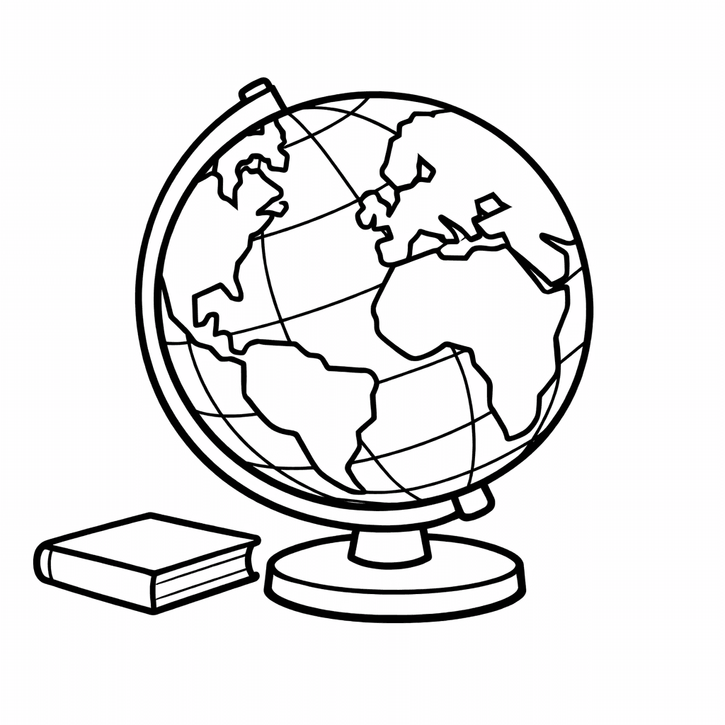 Free printable coloring page: Globe And Books, for ages 3-6