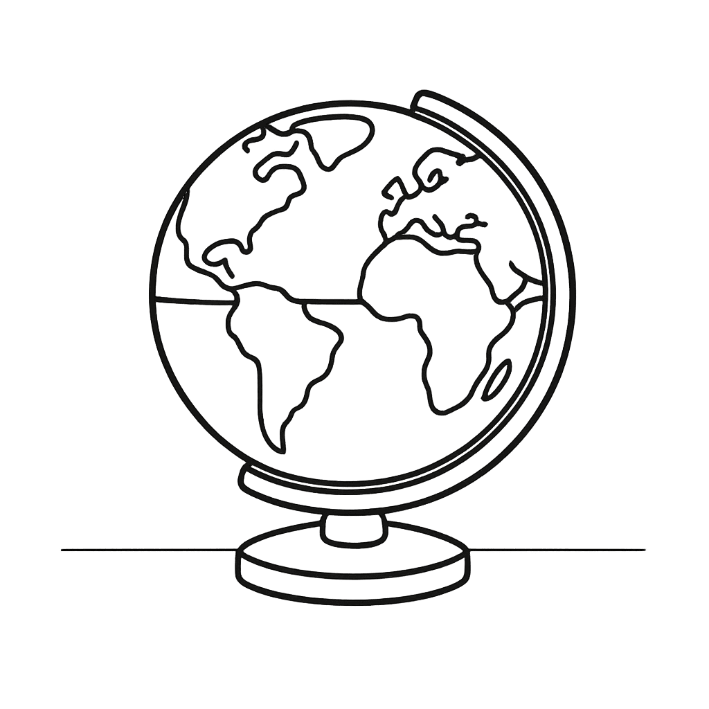 Free printable coloring page: Globe And Continents, for ages 3-6