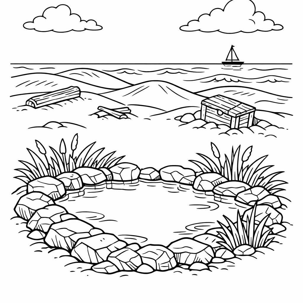 Free printable coloring page: Island And Boat, for ages 7-12