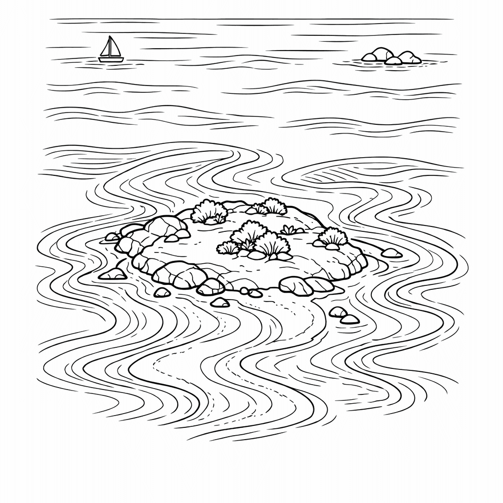Free printable coloring page: Object Only: A Cute Island With Clean Outlines,…, for ages 7-12