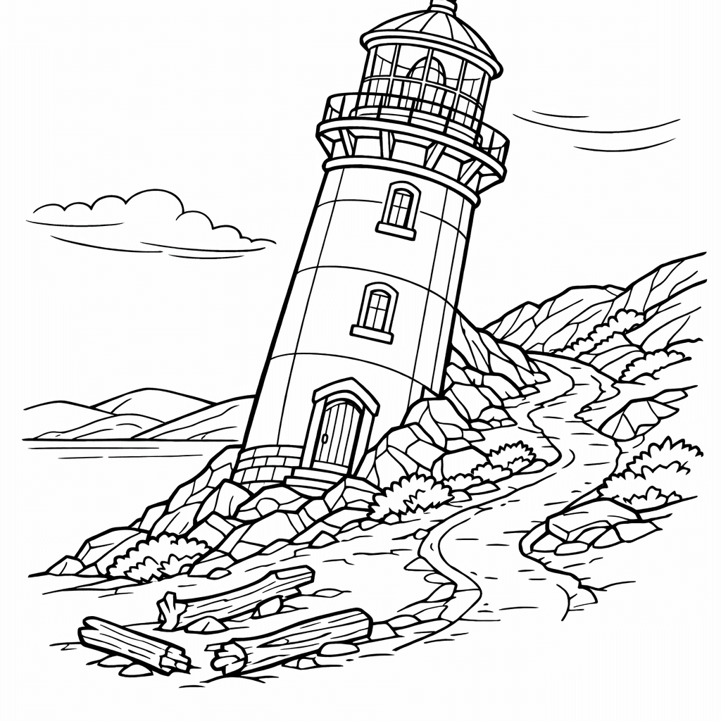 Free printable coloring page: Object Only: A Cute Lighthouse With Clean Outlines,…, for ages 7-12