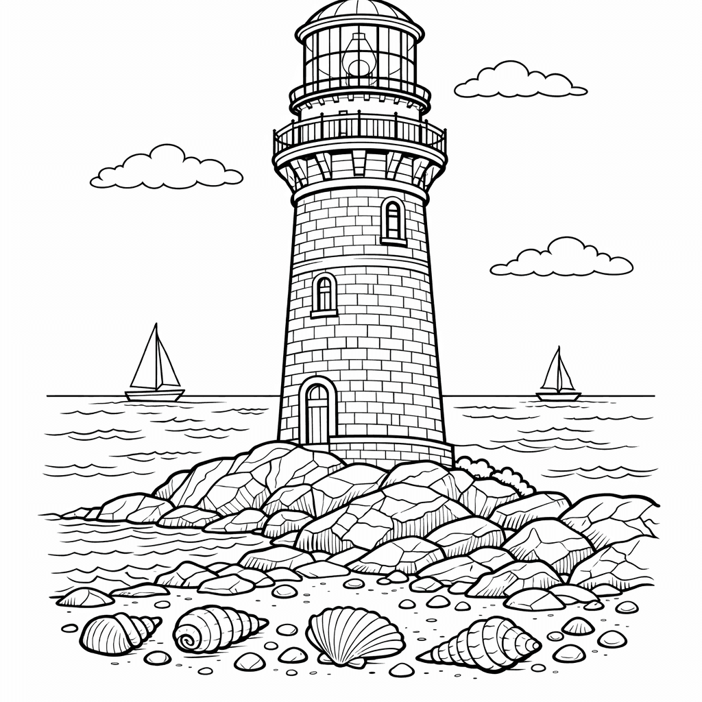 Free printable coloring page: Lighthouse And Waves, for ages 7-12