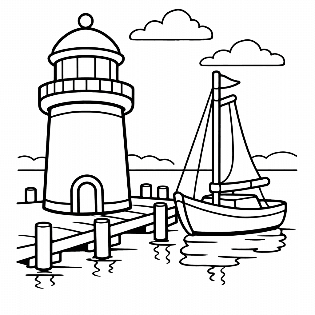 Free printable coloring page: Lighthouse And Rocks, for ages 3-6