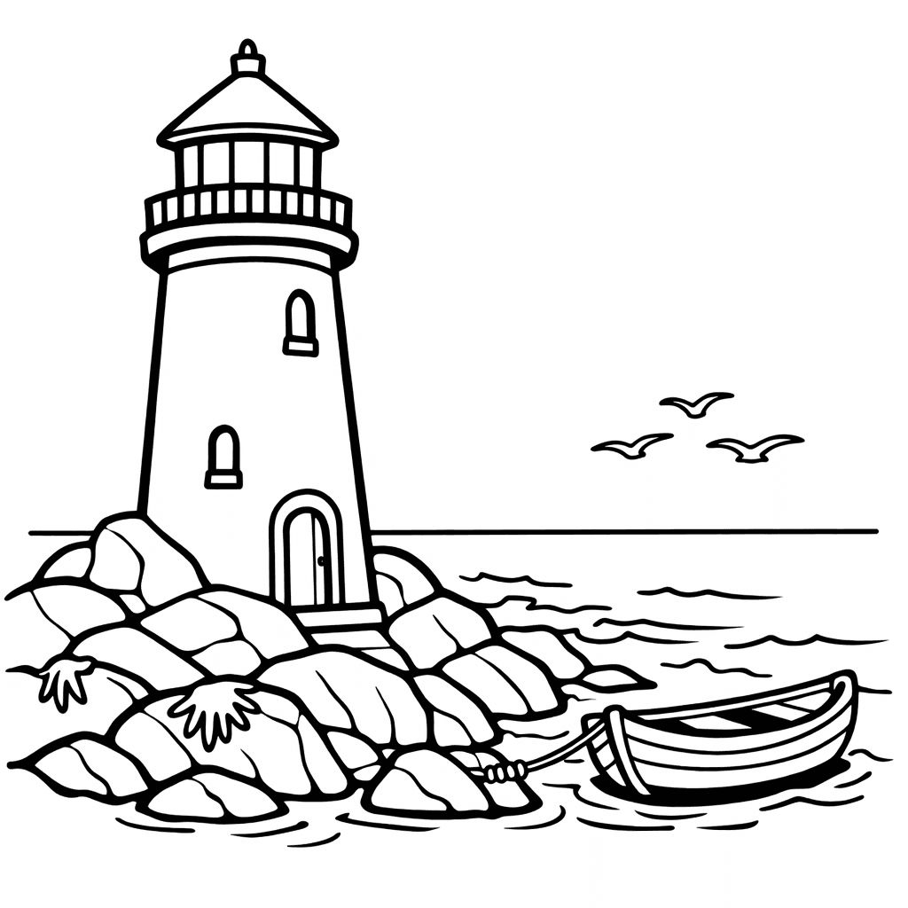 Free printable coloring page: Object Only: A Cute Lighthouse With Clean Outlines,…, for ages 3-6