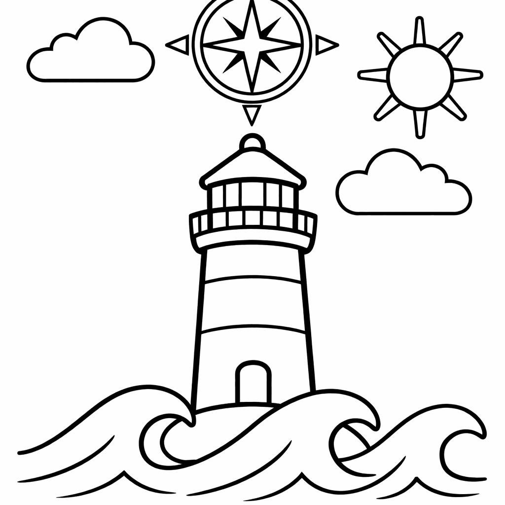 Free printable coloring page: Lighthouse And Boat, for ages 3-6