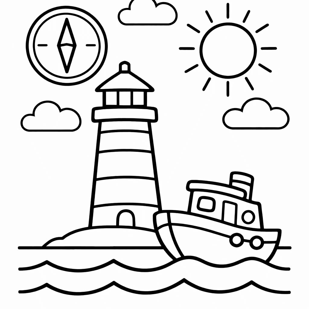 Free printable coloring page: Lighthouse And Waves, for ages 3-6